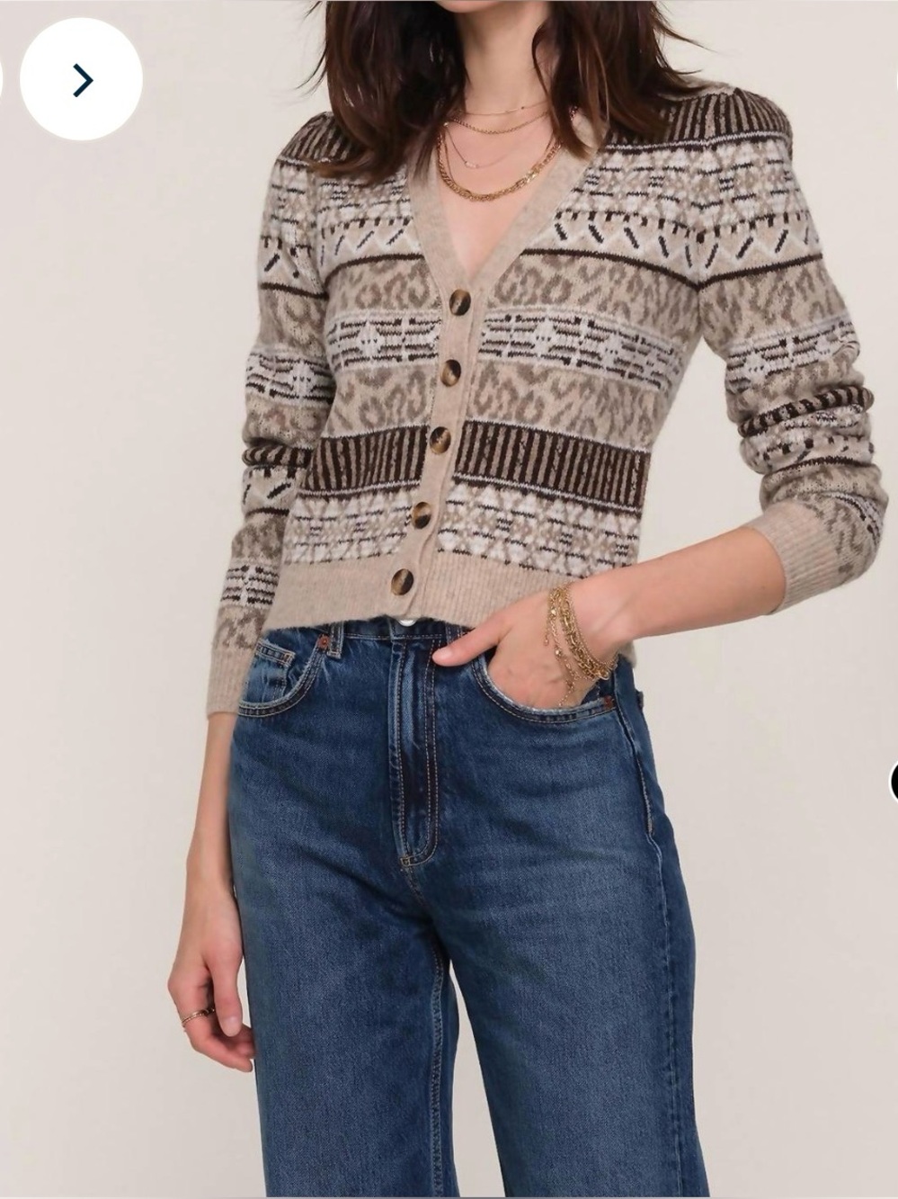 Heartloom Ruta Leopard Jacquard Knit Button Front Crop Cardigan Buff Tan XS